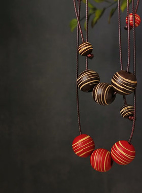 子木。原创复古中式三颗圆形木珠波西米亚文艺锁骨链秋冬毛衣链