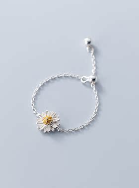 子木。S925银戒指女韩版甜美小清新雏菊植物花朵可调节链条手饰