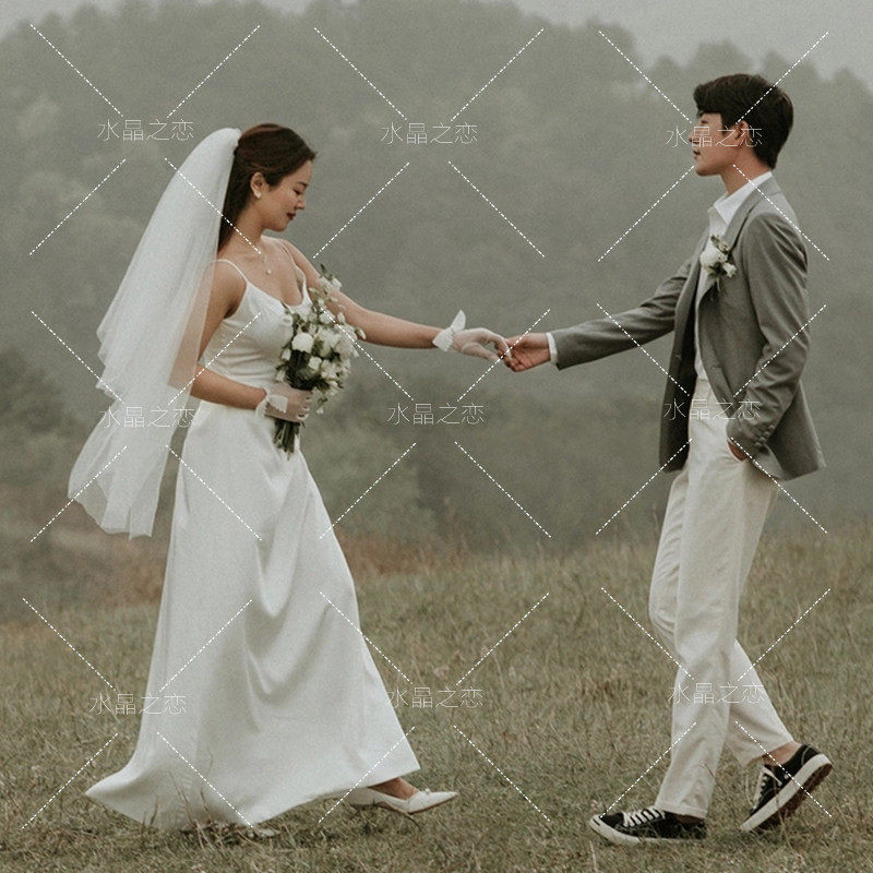 新款影楼外景旅拍情侣主题服装韩版气质婚纱摄影写真时尚吊带白纱,淘宝优惠券,粉丝福利购,淘宝优惠卷