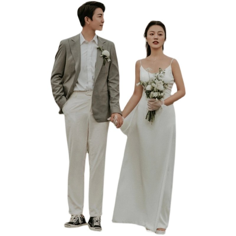 新款影楼外景旅拍情侣主题服装韩版气质婚纱摄影写真时尚吊带白纱,淘宝优惠券,粉丝福利购,淘宝优惠卷