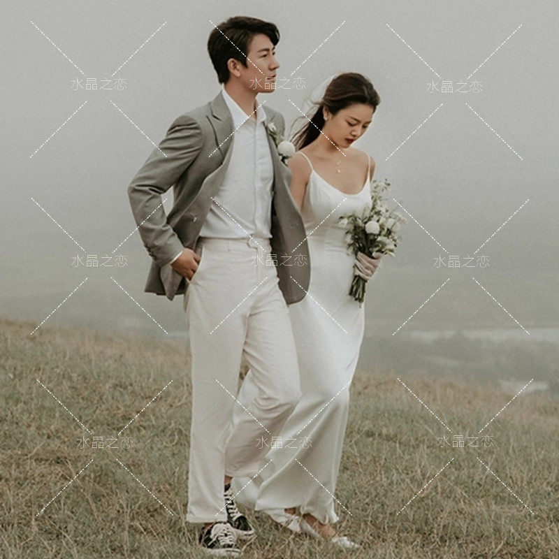 新款影楼外景旅拍情侣主题服装韩版气质婚纱摄影写真时尚吊带白纱,淘宝优惠券,粉丝福利购,淘宝优惠卷