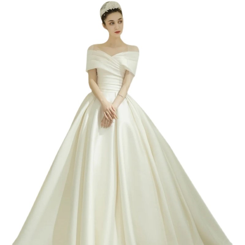 法式缎面轻主婚纱2024新款一字肩拖尾出门纱秋冬小个子简约高级感,淘宝优惠券,粉丝福利购,淘宝优惠卷