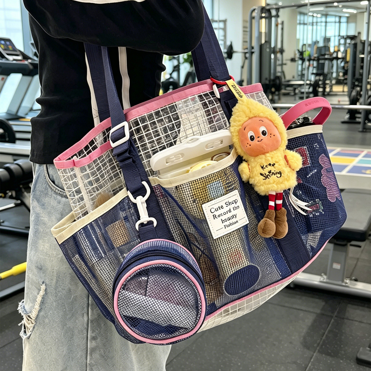 Cute large capacity mesh swimming bag for sports and fitness