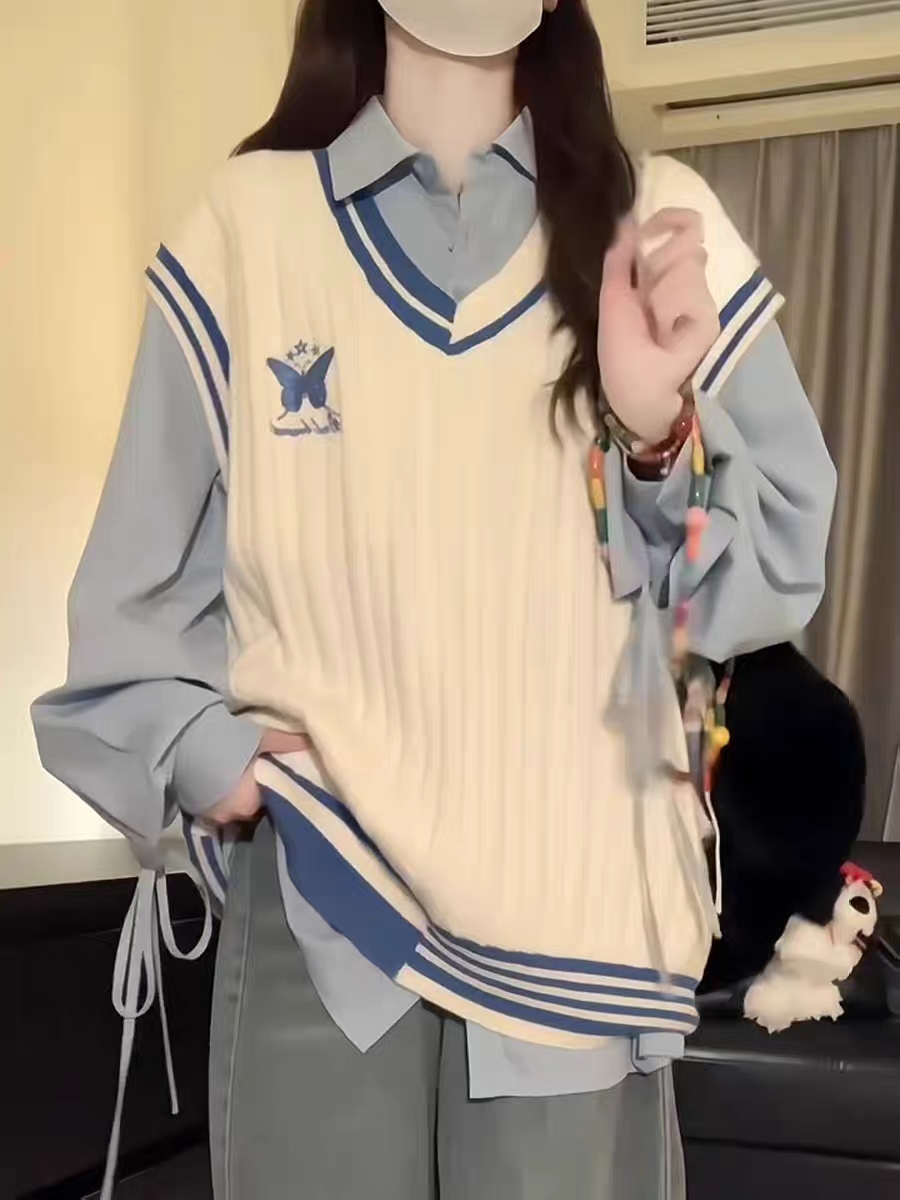 学院风软糯蝴蝶刺绣针织衫马甲背心毛衣女学生+蓝色衬衫两件/套装,淘宝优惠券,粉丝福利购,淘宝优惠卷