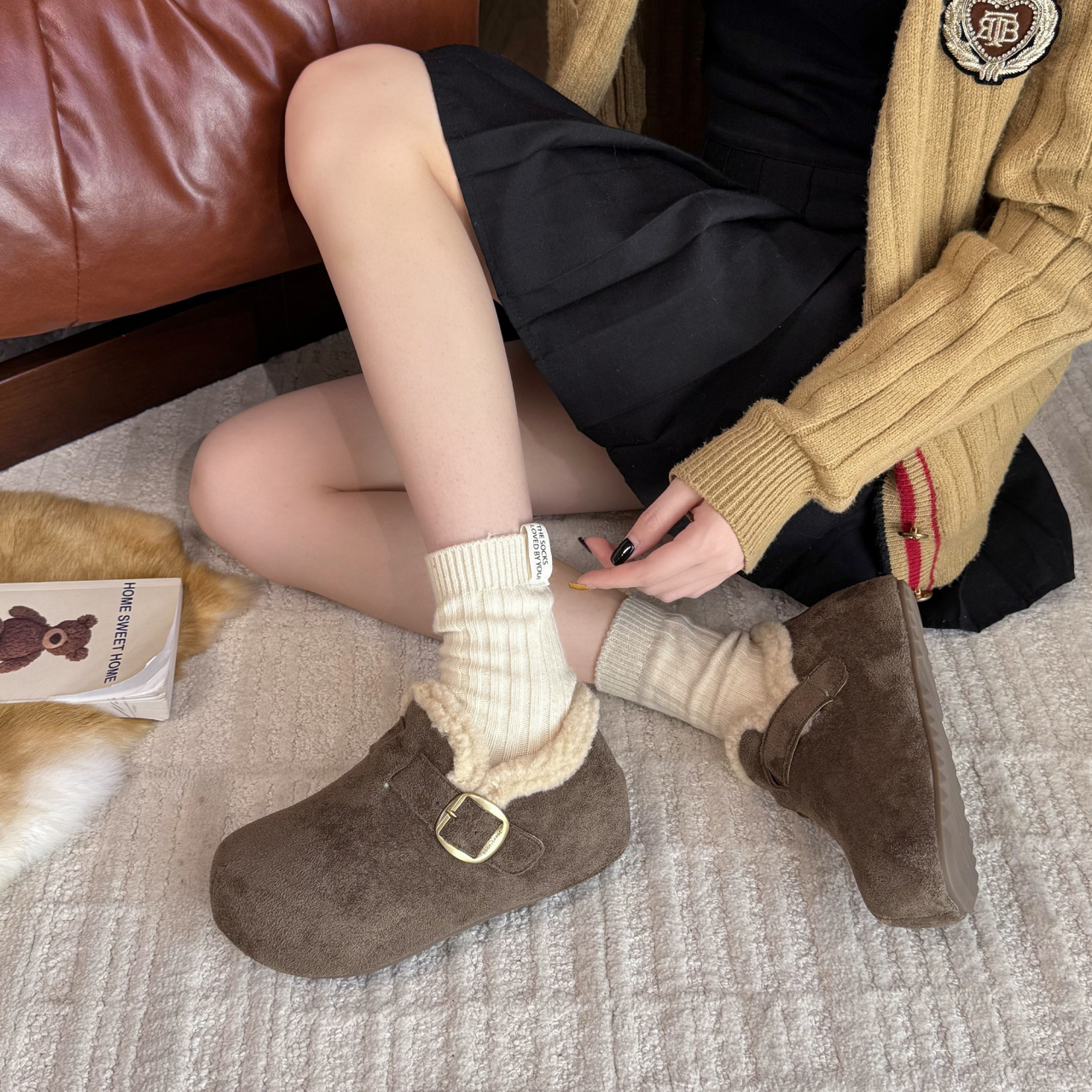 厚底内增高加绒保暖勃肯鞋女2025新款冬季一脚蹬雪地靴棉鞋豆豆鞋 - 图1