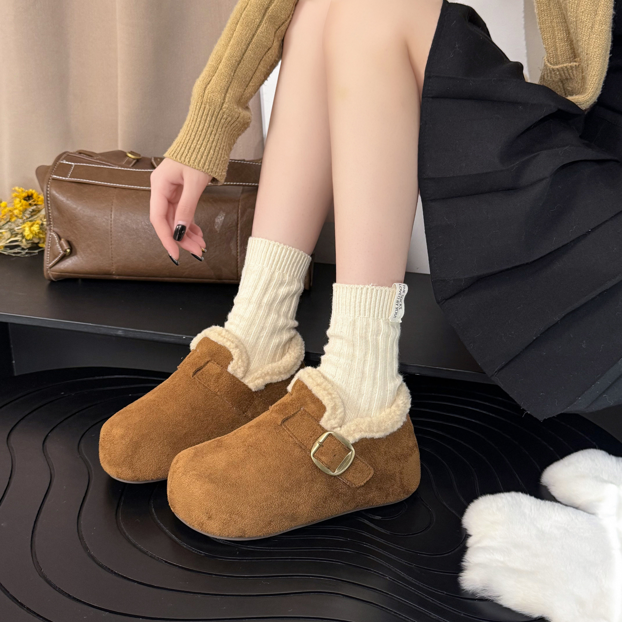 厚底内增高加绒保暖勃肯鞋女2025新款冬季一脚蹬雪地靴棉鞋豆豆鞋 - 图0