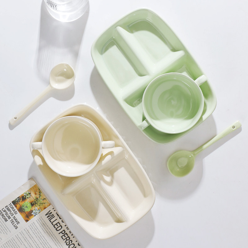 陶瓷分格盘创意奶油风早餐盘一人食餐具三件套装家用双耳蒸盅汤盅,淘宝优惠券,粉丝福利购,淘宝优惠卷