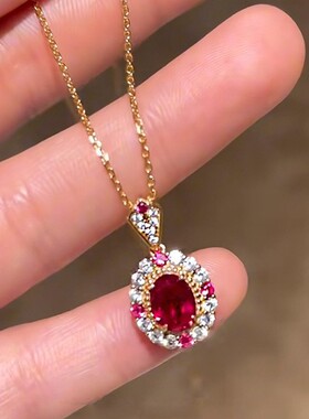 轻奢气质鸽子蛋玫红宝石戒指感红刚玉绝地武士吊坠项链套装女