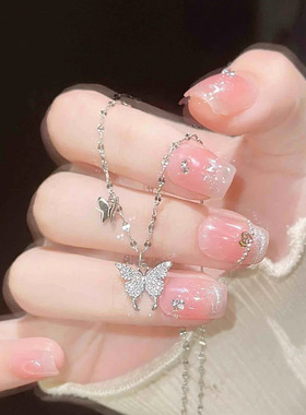 蝴蝶足银999项链女小众设计轻奢款锆石锁骨链ins风波光粼粼吊坠