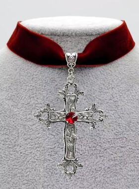 哥特风复古十字架吊坠项链 黑色天鹅绒颈链 男女通用暗黑系饰品