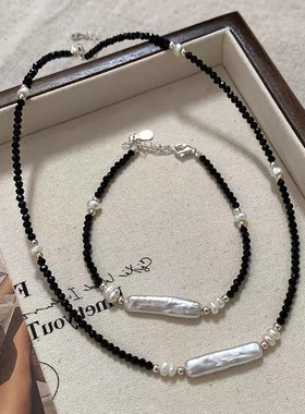 S925纯银天然巴洛克黑尖晶项链个性甜酷风设计感轻奢异形珍珠颈链