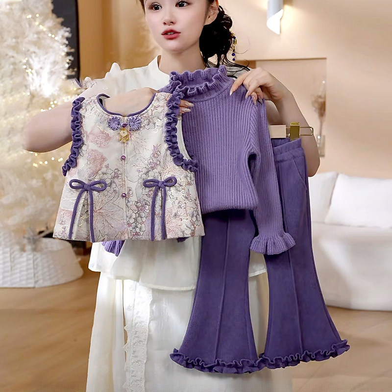 女童秋冬中国风套装2025新款女孩中式背心针织打底衫喇叭裤三件套,淘宝优惠券,粉丝福利购,淘宝优惠卷