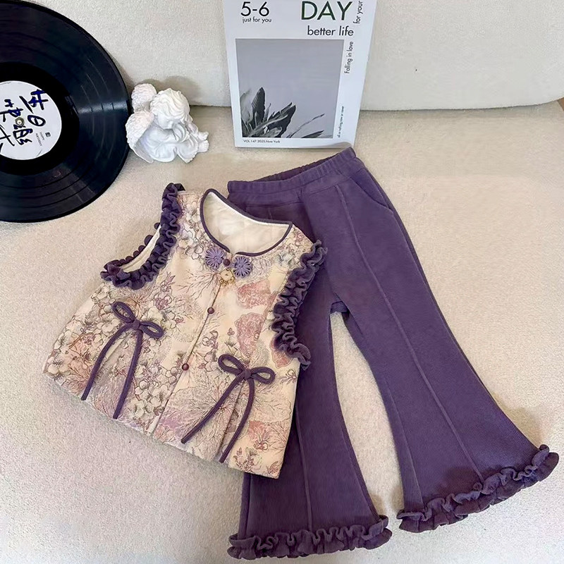 女童秋冬中国风套装2025新款女孩中式背心针织打底衫喇叭裤三件套,淘宝优惠券,粉丝福利购,淘宝优惠卷