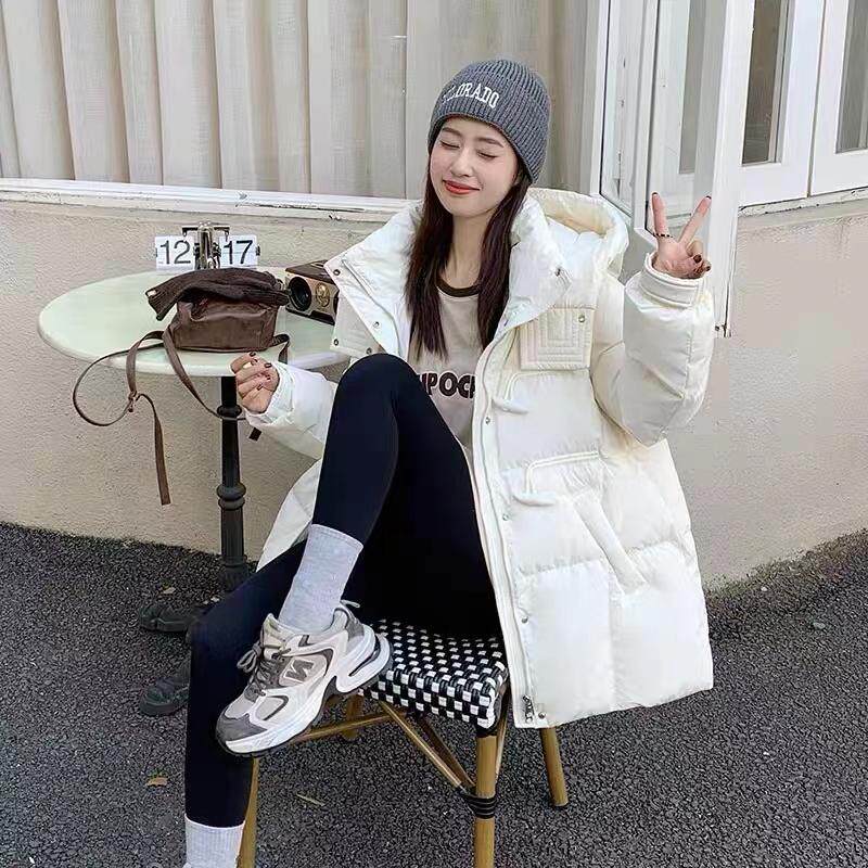 中长款牛角扣宽松大码加厚羽绒服上衣女百搭休闲连帽外套H21