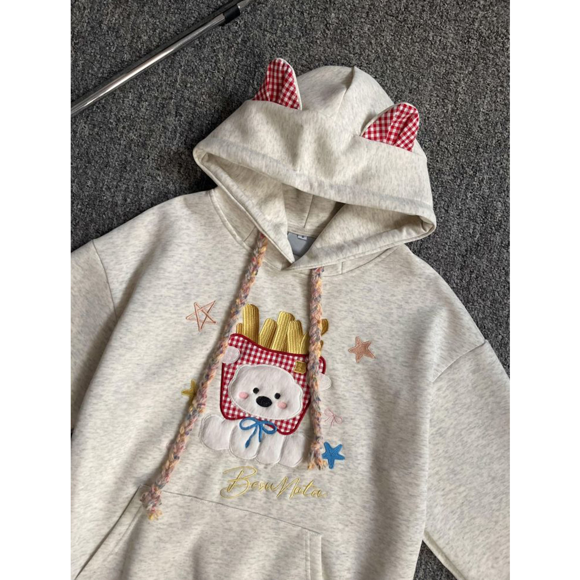 可爱刺绣薯条小狗耳朵连帽卫衣女秋冬宽松韩系慵懒风chic帽衫外套 - 图1