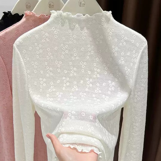 半高领提花蕾丝打底衫女2025新款春秋洋气内搭木耳边网纱t恤