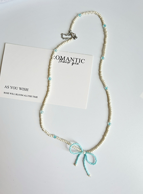 IsleJoy 原创设计玻璃米珠夏日蓝色蝴蝶结项链女生礼物小众饰品