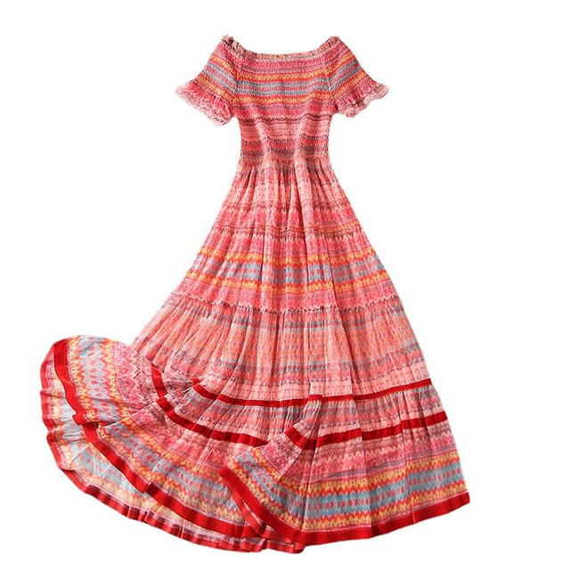 Printed holiday style waist-cinching one-shoulder long dress