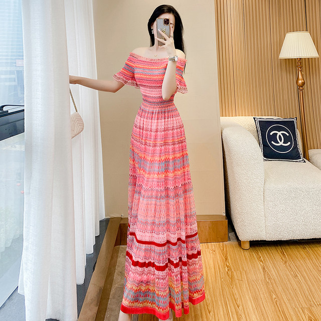 Printed holiday style waist-cinching one-shoulder long dress