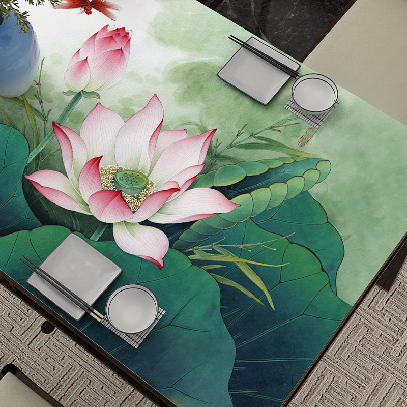皮革桌垫桌布免洗防油防水新中式荷花茶几垫隔热垫电视柜搭布桌布,淘宝优惠券,粉丝福利购,淘宝优惠卷