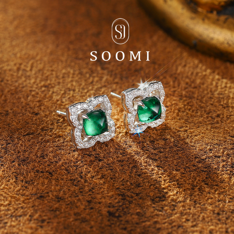 【新品 四叶铃兰】祖母绿耳钉1.6ct实验室培育彩宝糖塔绿宝石耳饰 - 图2