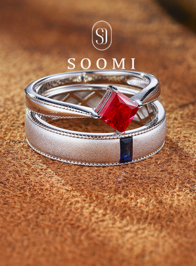 【新品星火燎原】红宝石戒指培育彩宝情侣对戒蓝宝男戒鸽血红女戒