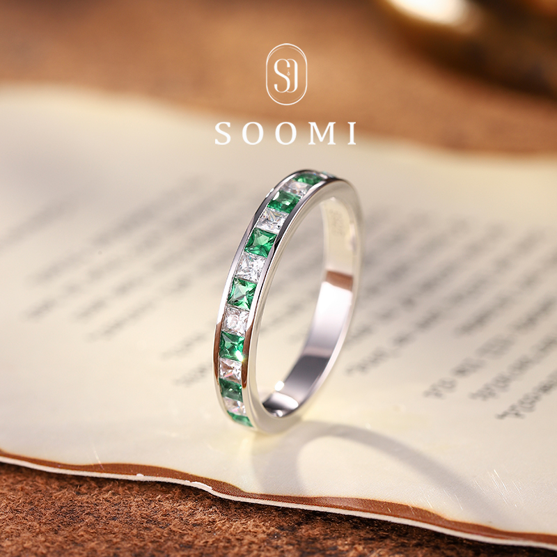 [SOOMI珍惜]925银培育红蓝宝石祖母绿戒指轨道镶排戒通勤日常款女 - 图1