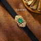 Emerald bracelet, silver set with 2.2 carat cultured colored gemstone, genuine leather watch and jewelry