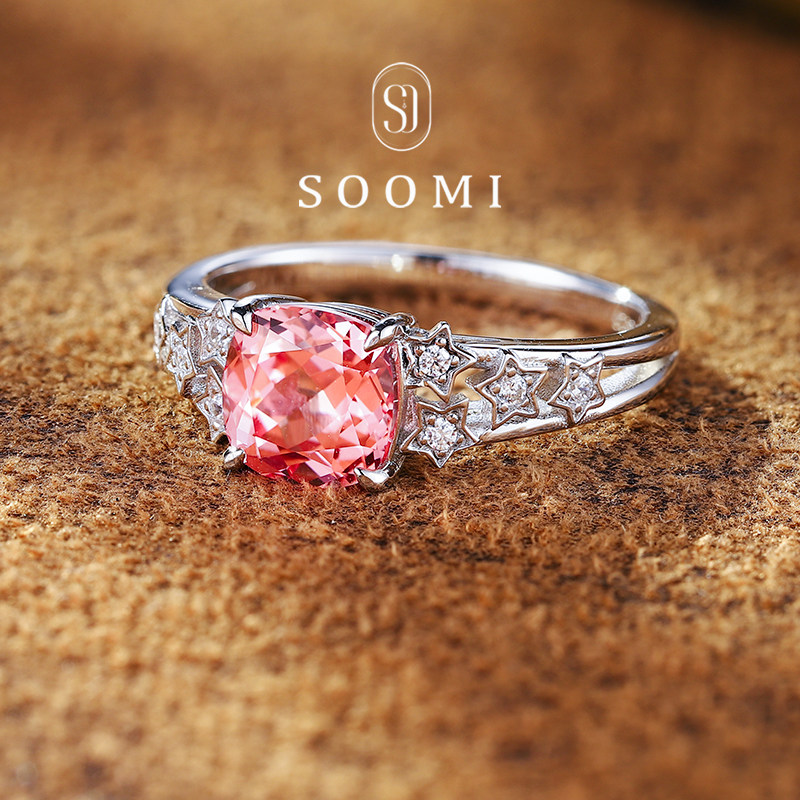 Padparadscha ring 2.2ct cultured sapphire women's ring 925 silver diamond pink