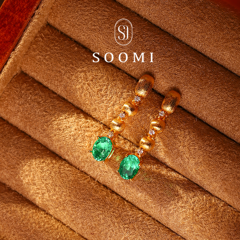 【SOOMI万万】2克拉培育木佐色祖母绿耳钉拉丝复古风耳坠女925银 - 图3