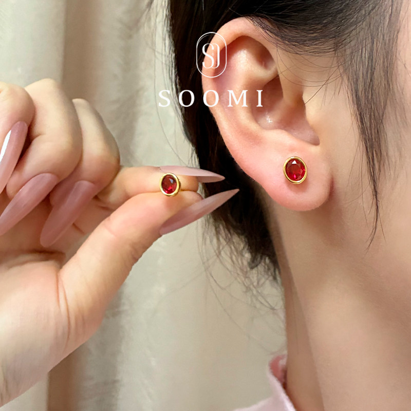 【SOOMI红颜】925银1克拉培育鸽血红宝石耳钉简约复古耳环设计女,淘宝优惠券,粉丝福利购,淘宝优惠卷