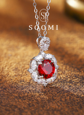 【SOOMI占星师】鸽血红宝石项链圆切1.8ct培育彩宝925银镀18k吊坠