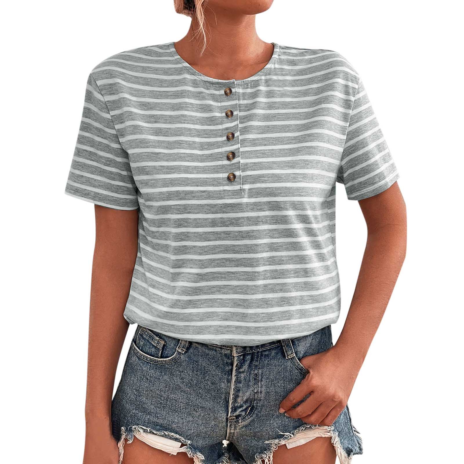 Casual Striped Crew Neck Button Half Sleeves条纹圆领纽扣半袖 - 图0