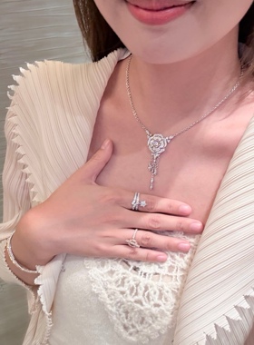 小香流苏可拆卸两种戴法精致山茶花满钻镂空项链名媛镶钻耳环耳钉