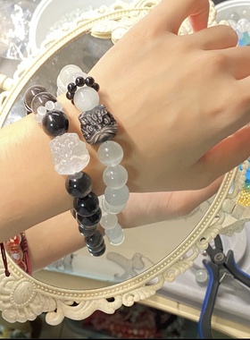 天然银曜石白猫眼醒狮手串闺蜜款情侣款送闺蜜送女友送男友礼物