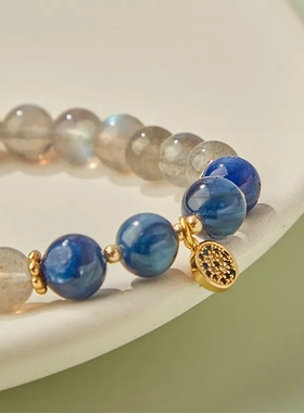巧恩水晶手链女天然蓝水晶灰月光石拉长石蓝晶石珠子手串厂家批发