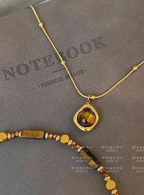 复古天然虎眼石串珠项链2024秋冬新款叠戴高级感毛衣链锁骨链颈链