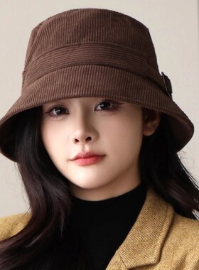 赫本风渔夫帽子女素颜百搭显脸小盆帽春秋季防风保暖灯芯绒水桶帽