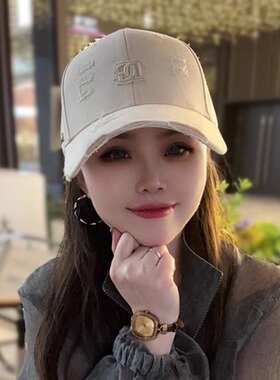 美式复古大头围棒球帽子女韩版街头刺绣字母破洞鸭舌帽显脸小帽子