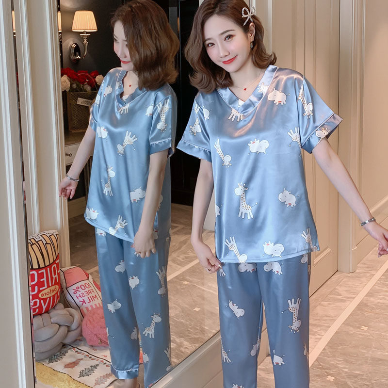 短袖长裤睡衣女夏天冰丝V领卡通可爱仿真丝绸加肥大码家居服套装,淘宝优惠券,粉丝福利购,淘宝优惠卷