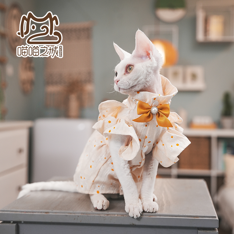 2023年夏季纯棉布无毛猫斯芬克的德文宠物猫衣服公主风可爱连衣裙-图2