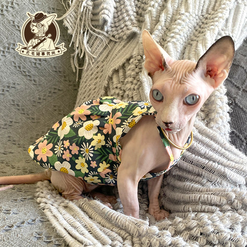 无毛猫事务所斯芬克斯德文猫衣服粉色碎花吊带连衣裙猫咪衣服背心 - 图1