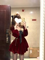 New Years red velvet square collar with dress and feminity Winter Christmas ambience Pompaise Birthday Gift dress