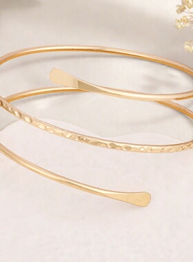 欧美跨境货源简约风格三层压扁臂环压纹螺旋上臂手镯开口可调节