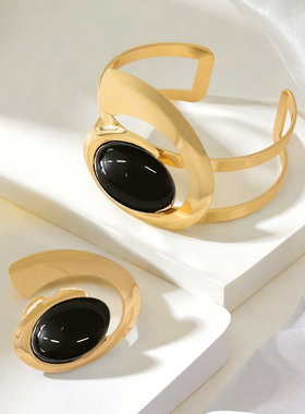 欧美跨境货源时尚个性夸张黑色椭圆异形开口手镯女小众手环饰品