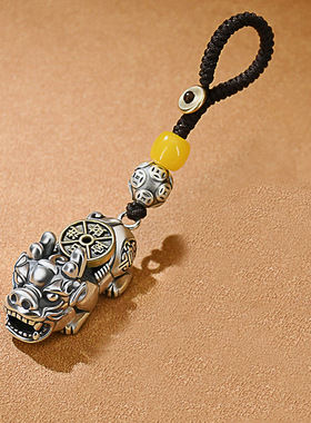 99纯银貔貅钥匙扣男士高档汽车挂件女皮丘手工编织中国风车内