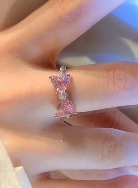 轻奢粉钻蝴蝶结戒指女小众设计感粉色爱心食指戒时尚开口指环批发