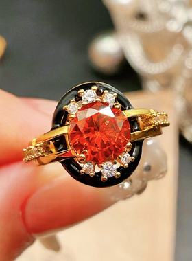 vintage中古珠宝芬达石戒指法式复古重工镀金黑玛瑙古董彩宝戒指