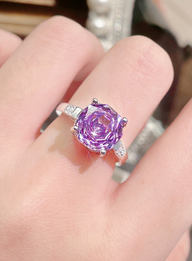 高级感轻奢八角玫瑰切紫钻气质百搭戒指高碳钻艳丽彩宝粉钻指环女