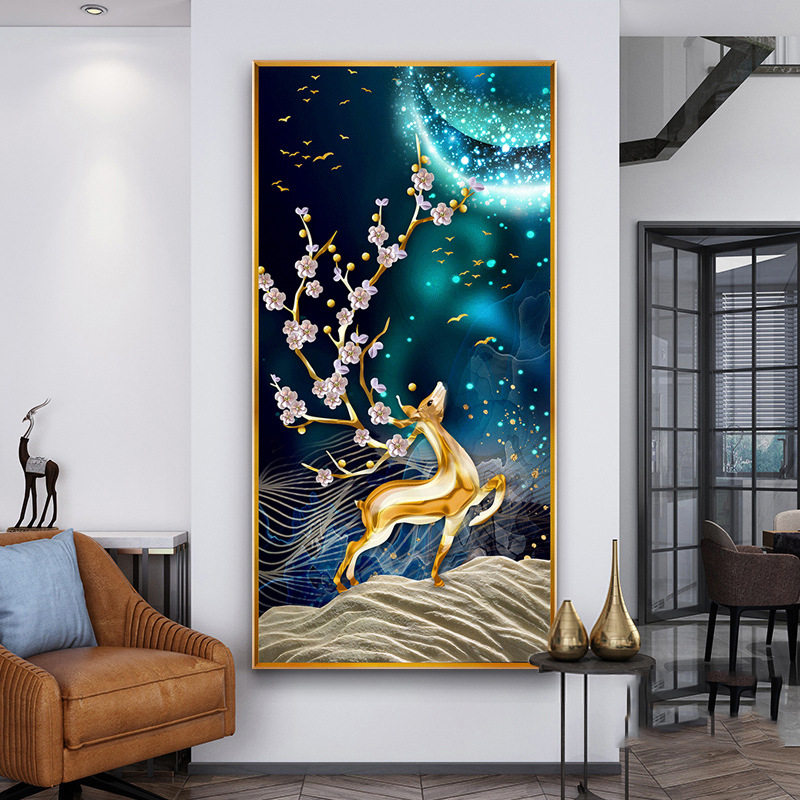 钻石绣2024年新款满钻玄关5d石绣客厅欧式麋鹿竖版贴钻十字绣发财,淘宝优惠券,粉丝福利购,淘宝优惠卷